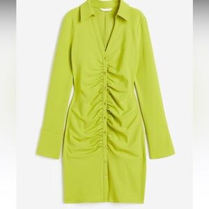 HM New Green Button Front Draped Dress XL Chic Collared Shirt Dress Cocktail